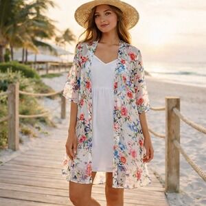 Blue Time Womens Floral Kimono Cardigan Sheer Open Front Beach‎ Cover Up Medium